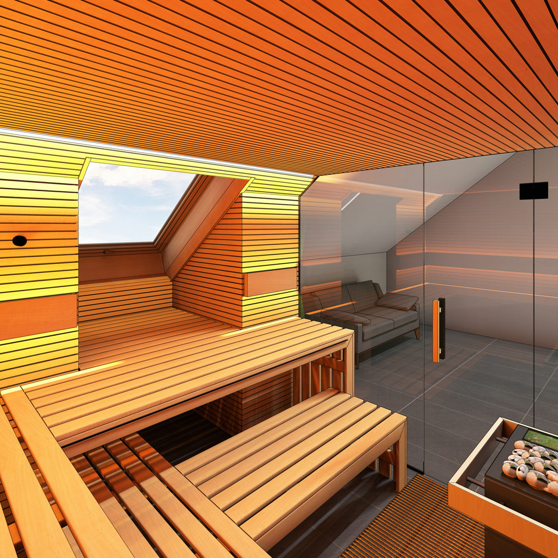 3D-Visualisierung mit professionellem CAD-Programm, Innensauna mit integriertem Dachfenster in Dachschräge 