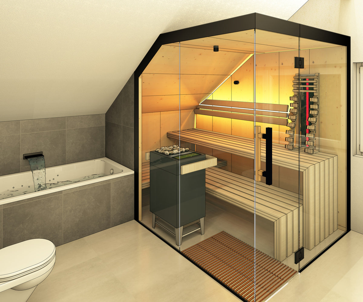 Planung Saunaprojekte, 3D-Visualisierung Sauna in Badezimmer mit  Dachschräge